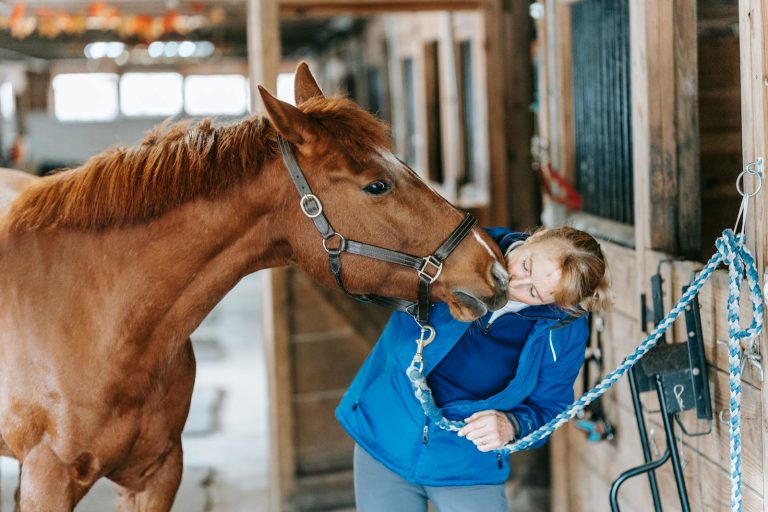 Woman affectionately interacting with horse in a stable, showcasing human-animal bond.